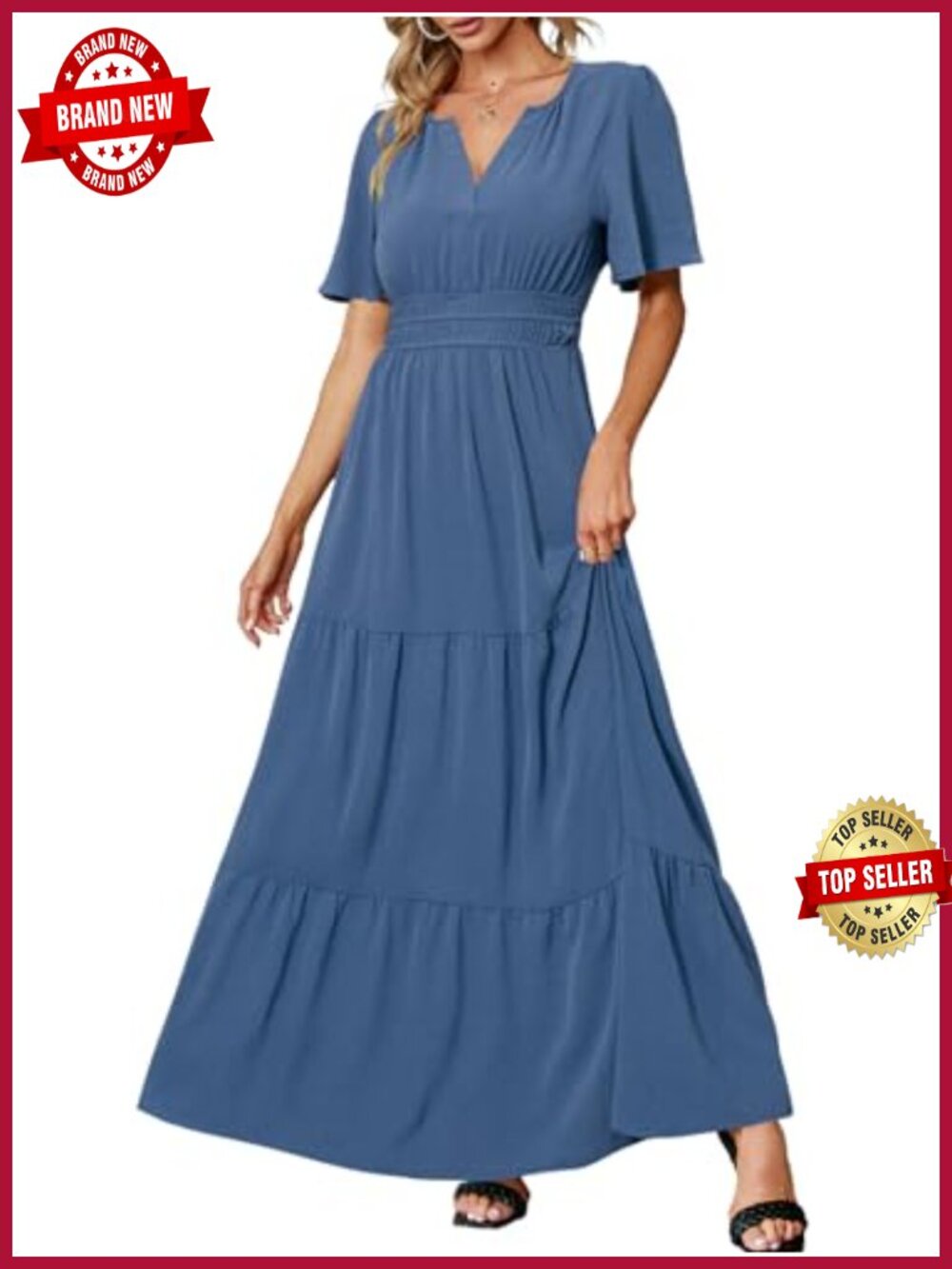 Women's V Neck Flutter Sleeve Tiered Ruffle Maxi Dress Wedding Guest A-Line